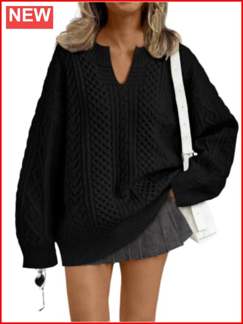 Oversized Cable Knit V-Neck Sweater Pullover Long Sleeve